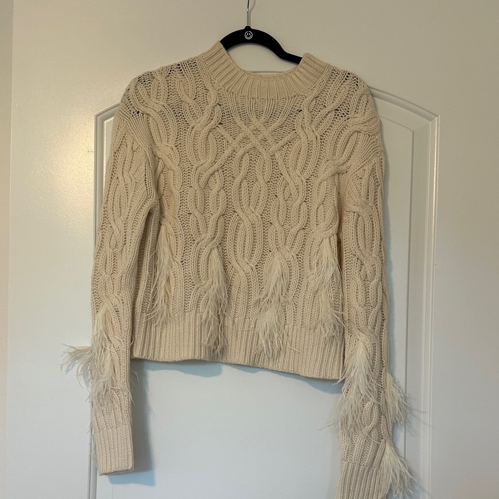 Vince Cream Cable Knit Sweater with Feather detail